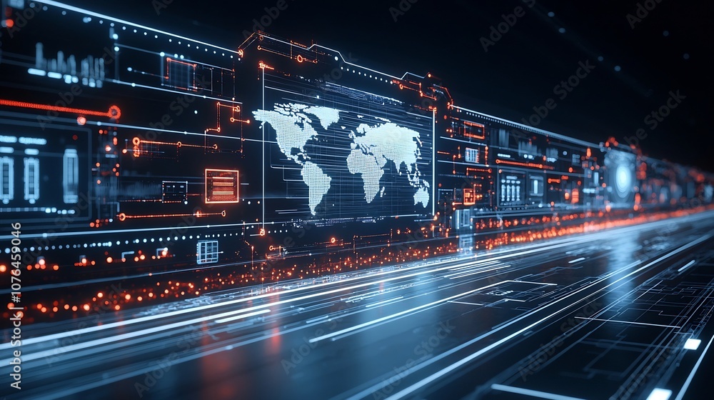 Aufkleber Seamless Global Digital Connectivity Depicted by Floating Holograms and Flowing Light Lines Illustrating the Movement of Data Across Networks and Systems