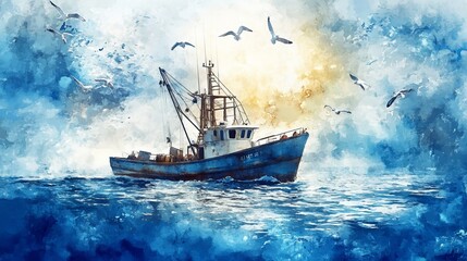 Fototapeta premium Seascape with a fishing boat and seagulls, painted in watercolor style. 