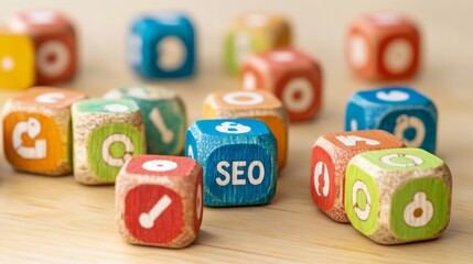 SEO Strategy: Colorful Wooden Blocks Spelling Out "SEO" on a Rustic Wooden Tabletop, Representing the Building Blocks of a Successful Online Strategy.  