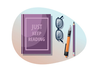 Book concept. Book, glasses, pen and pencil