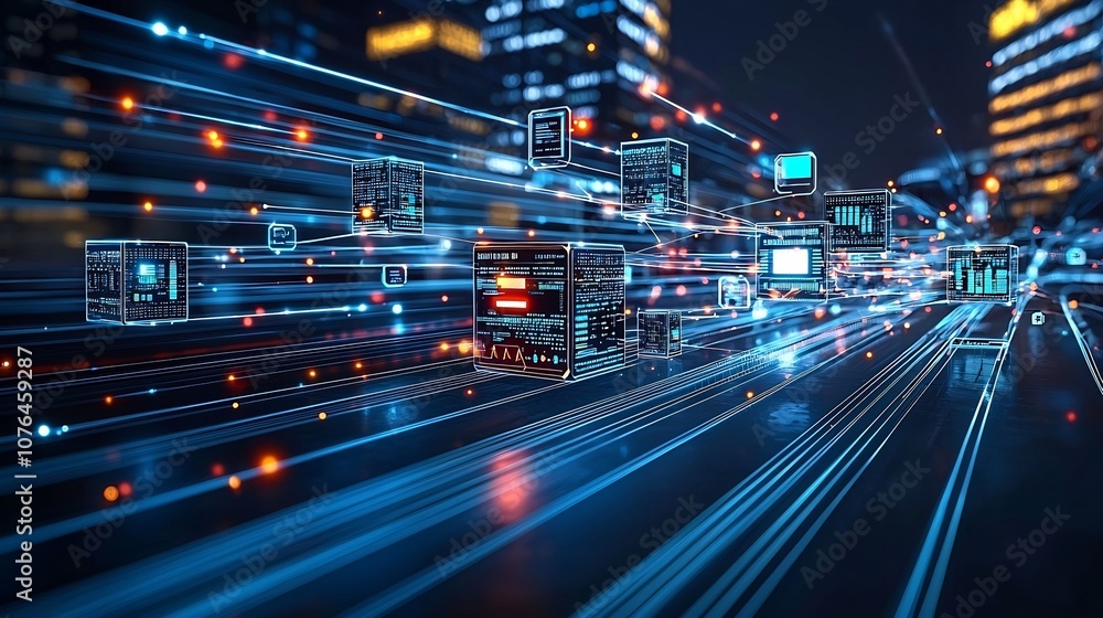 Poster Futuristic digital connectivity scene with light trails linking various devices and data points creating a seamless and interconnected network of information exchange and technology