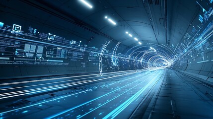 Futuristic scene of a seamless digital connectivity landscape with light trails linking various smart devices and data points