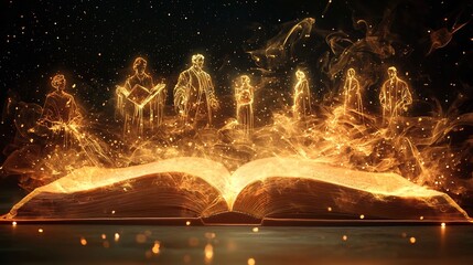 Glowing Ink Shapes of Historical Figures and Mythical Creatures Emerge from an Open Book  Symbolizing the Blend of Reality and Imagination in