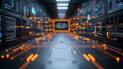 Mesmerizing holographic display of interconnected data nodes illuminated with smooth flowing glowing light lines depicting the seamless digital connectivity of a futuristic technological system