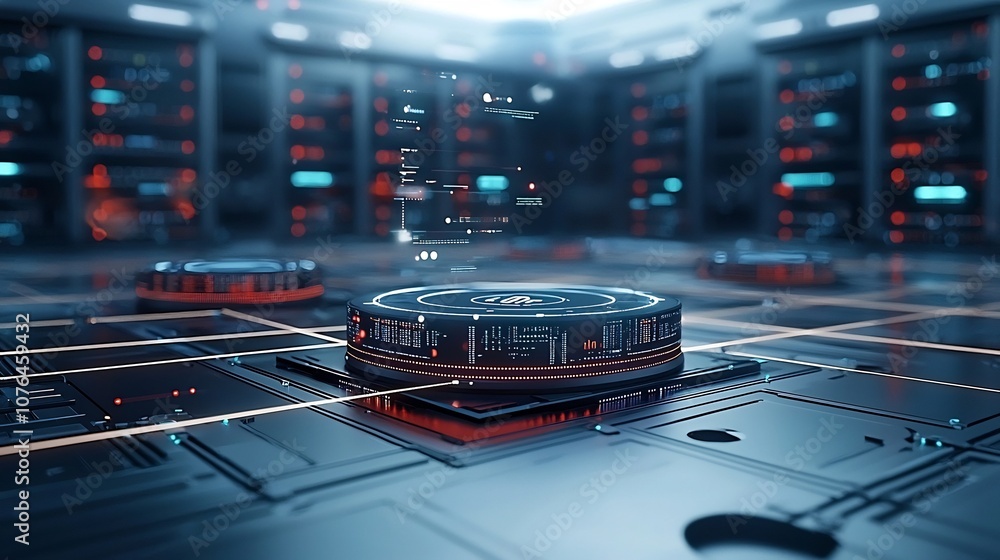 Poster Glowing digital network with light beams connecting various data hubs in a futuristic space representing global connectivity and data flow in the modern technological world