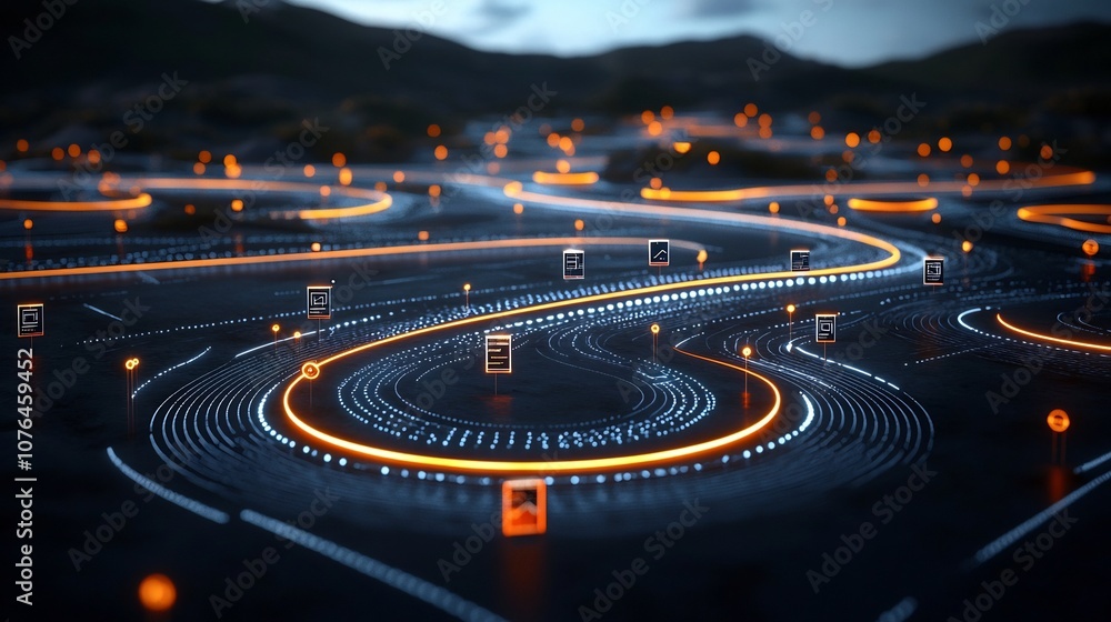 Poster Futuristic holographic interface with flowing light trails representing seamless data connections across a dynamic digital landscape  Sleek modern visualization of advanced technology and innovation