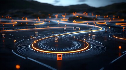 Futuristic holographic interface with flowing light trails representing seamless data connections across a dynamic digital landscape  Sleek modern visualization of advanced technology and innovation