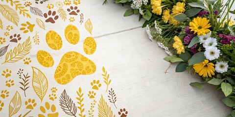 A beautiful and colorful background with a yellow doodle paw print pattern in a floral or botanical...