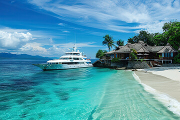 Fototapeta premium Luxury private motor yacht in tropical sea with soft blue wave on beautiful nature background