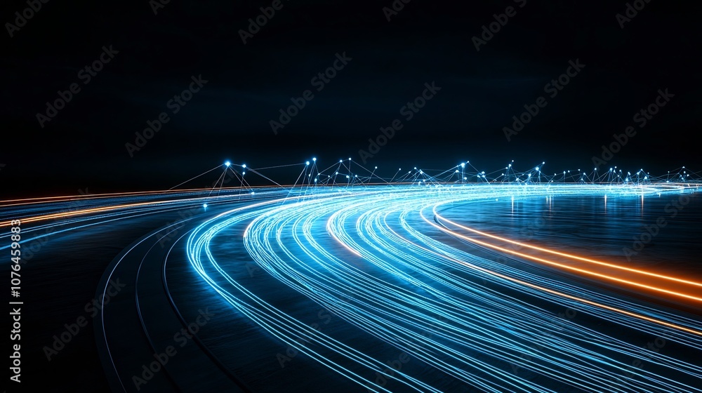 Poster Futuristic light lines forming a web of digital connections on a sleek background symbolizing the flow of information in a connected world