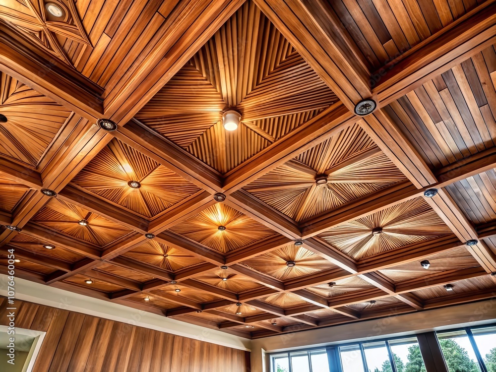 Poster elegant wooden ceiling design with natural light, showcasing unique patterns and textures in a moder
