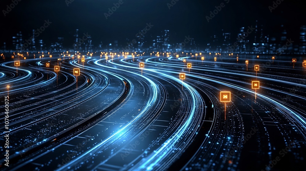 Poster Flowing Digital Network Abstract with Interwoven Glowing Data Nodes Depicting a Sense of Futuristic Connectivity and Technology