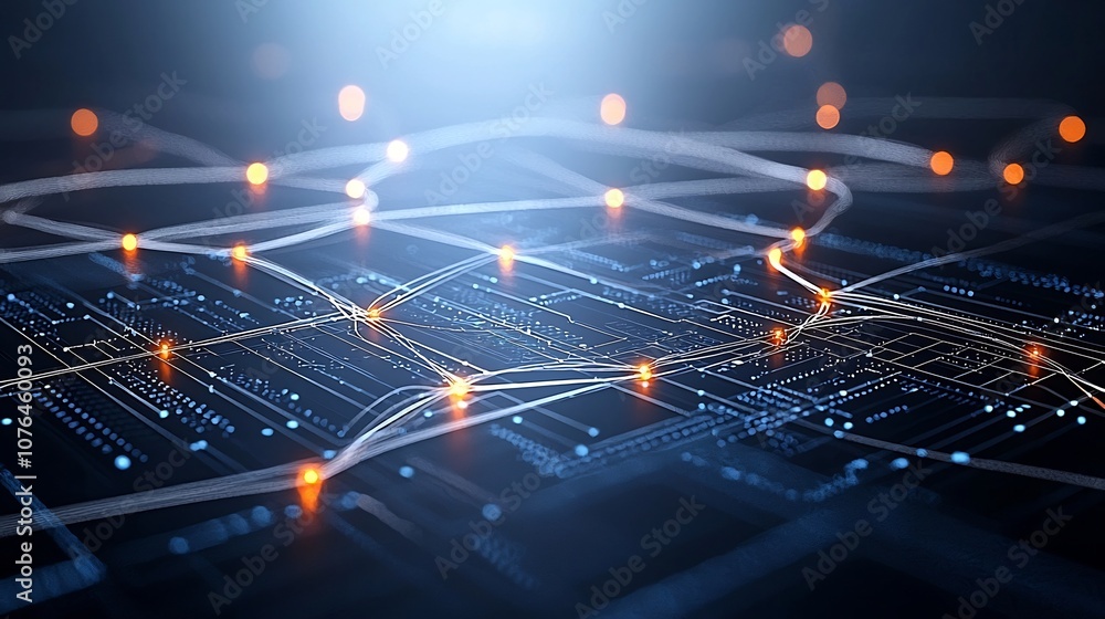 Aufkleber Flowing Connectivity of Abstract Digital Network with Interwoven Light Streams and Glowing Data Nodes Creating a Sense of Dynamic Digital Ecosystem