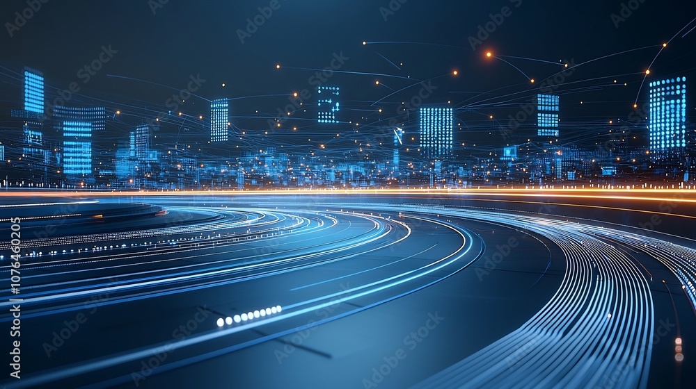 Poster Luminous digital connectivity with smooth flowing lines and dynamic data points illustrating the interconnected nature of technology and information across a sleek abstract background