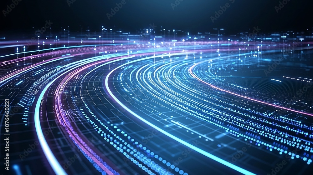 Poster Mesmerizing digital network of vibrant flowing light lines in shades of blue and purple creating a dynamic and futuristic background texture ideal for sci fi technology or digital art projects