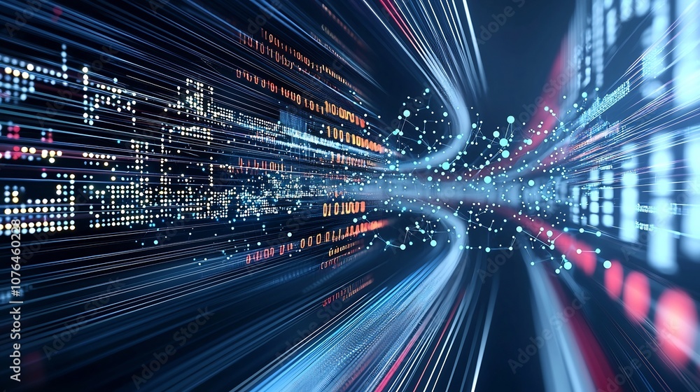 Aufkleber Radiant Digital Connectivity with Flowing Light Trails Abstract background depicting dynamic digital network with floating data points and smooth luminous lines across the image