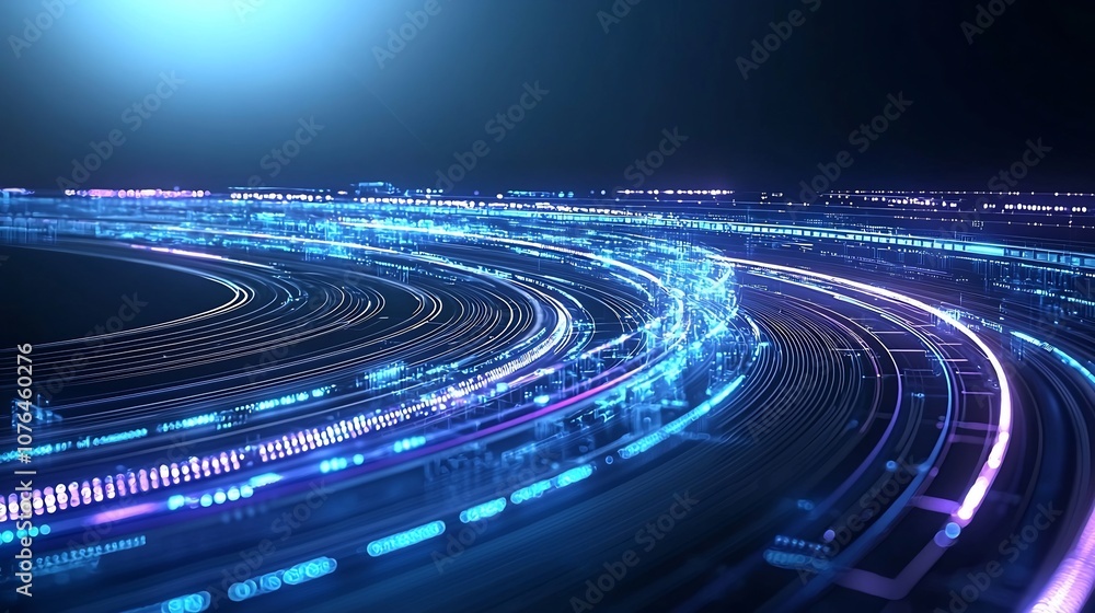Poster Vibrant digital network pattern with flowing dynamic light lines in captivating shades of blue and purple creating a futuristic high tech background with a smooth energetic flow