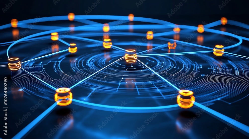 Poster Glowing digital trails and nodes forming an interconnected network symbolizing the flow of information and seamless digital connectivity in a modern futuristic background