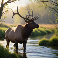 A majestic elk its thick brown fur glistening