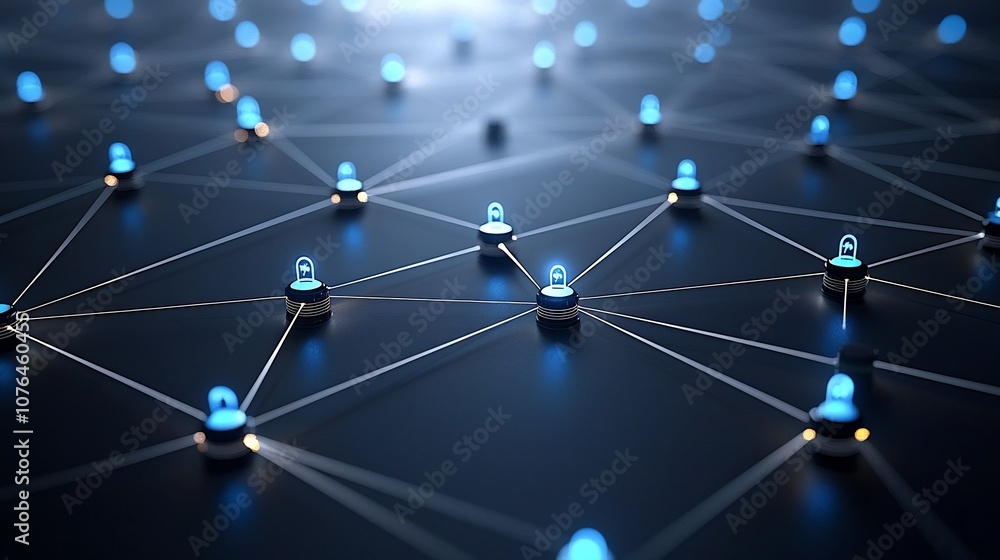 Aufkleber Fluid digital network with lines of light connecting nodes across a dark background creating a modern and flowing digital connectivity theme