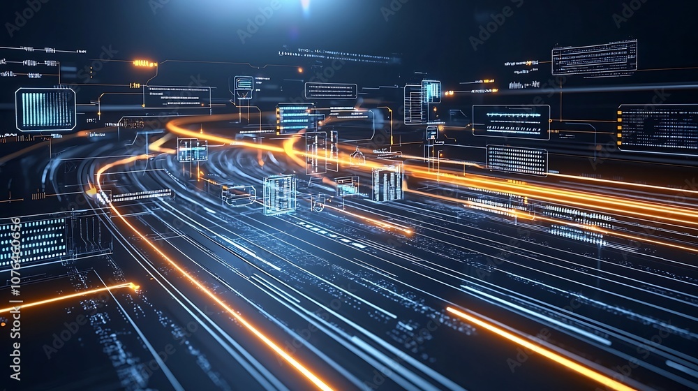 Poster Futuristic digital background with glowing lines and bright light trails connecting data hubs representing a highly advanced and interconnected network system
