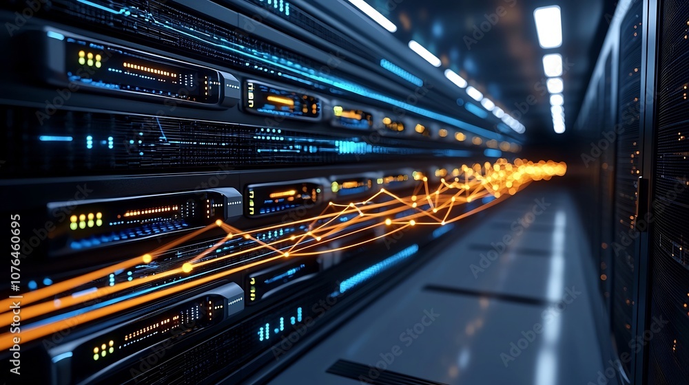 Poster Futuristic digital background featuring a connected network of bright data hubs and luminous light trails representing the flow of information and technology in a high tech intelligent