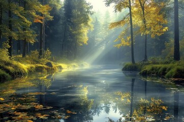 Obraz premium Sunlight Piercing through a Misty Forest River