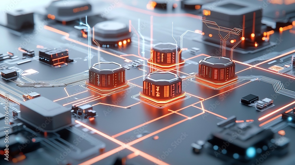 Fototapete Futuristic digital background with flowing lines and bright light trails connecting data hubs representing a connected network of technology and communication