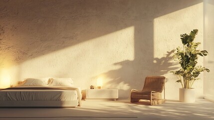 Serene Minimalist Bedroom with Glowing Low Profile Furniture and Inviting Natural Textures
