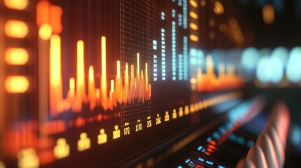 Obraz premium Close-up of a digital stock market display showing numbers and bar charts,