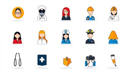 Fototapeta premium A set of modern clean icons representing different professional occupations including a nurse firefighter photographer and lawyer with a minimalist and stylized aesthetic