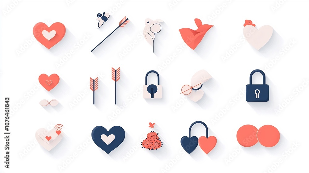 Poster romantic icon set in style featuring a collection of symbols like cupid s arrow heart lock and kissi