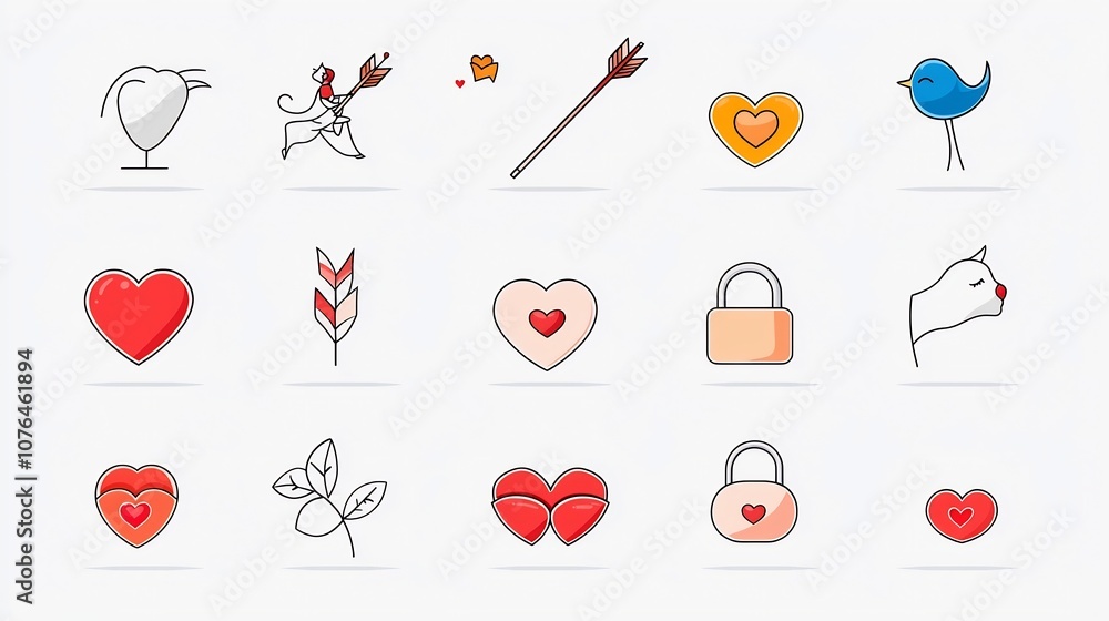 Poster romantic icon set with symbolic elements like cupid s arrow heart lock and kissing lips to represent