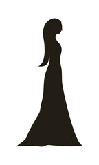 Silhouette of a girl with long hair and a long evening dress. 