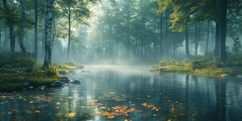 Obraz premium A Mystical Forest Stream with Fog and Fallen Leaves