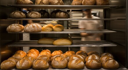 Artisan bread display in a bakery with blurred young adult male bakers