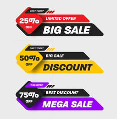 Illustration of geometric color banner with mega sale 25%, 50%,75%, vector poster with discount, EPS10. Set