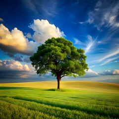 Obraz premium lone tree in green field with blue cloudy sky