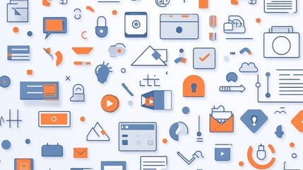  Abstract seamless pattern with colorful buttons and icons on a white background, in a flat lay