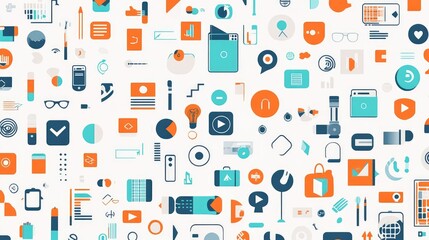 Obraz premium Abstract seamless pattern with colorful buttons and icons on a white background, in a flat lay