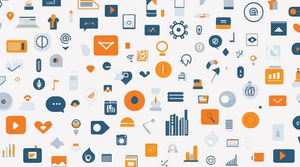  Abstract seamless pattern with colorful buttons and icons on a white background, in a flat lay