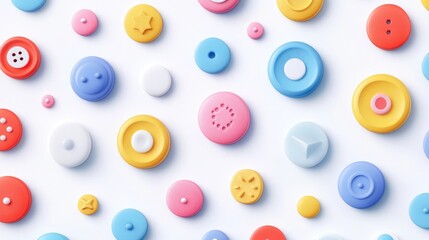 Fototapeta premium Abstract seamless pattern with colorful buttons and icons on a white background, in a flat lay