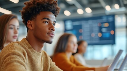 Focused Diverse Group of Students Collaborating on Technology Project in Classroom