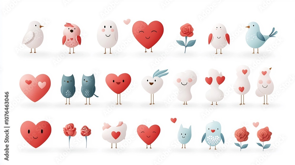 Poster romantic icon set featuring a collection of heart emojis loving birds and delicate rose petals perfe