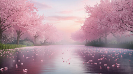 Blossoming cherry trees lining a tranquil river, with petals drifting in the breeze