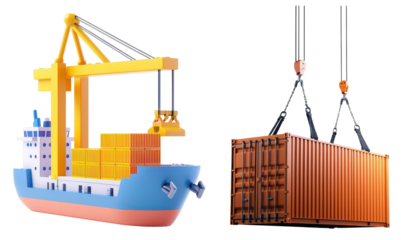 Cargo ship loads container with crane