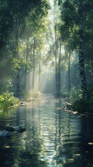 Obraz premium Sunbeams Illuminating a Stream in a Misty Forest