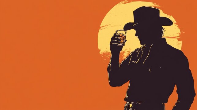 Vector silhouette of a man in a cowboy hat, holding a drinking glass, creating a western-inspired scene. 