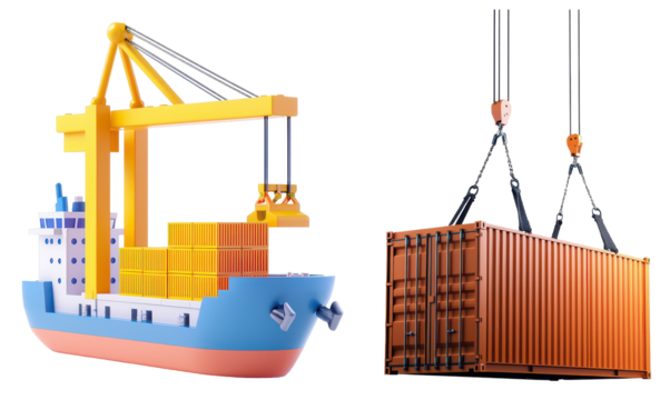 Cargo ship loads container with crane