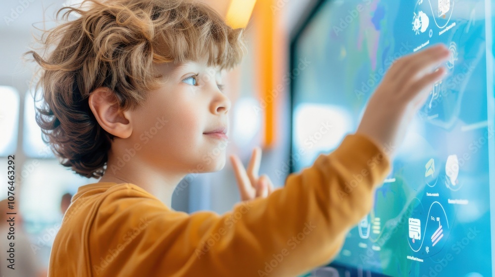 Poster curious child interacting with touchscreen ai technology in modern learning environment